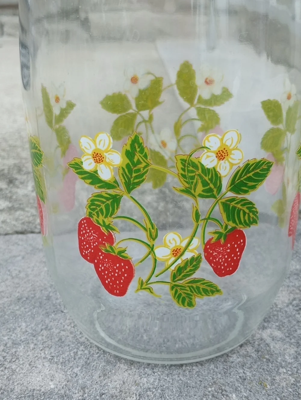 Vintage Clear Glass Round 1.5 Liter Strawberry/Floral Canister. Red Green Yellow